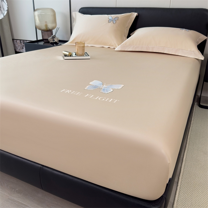 91家纺网 家纺一手货源 找家纺 鑫钰 2024秋冬新款全棉刺绣单层床笠单件枕套三件套-蝶舞 蝶舞-曲奇