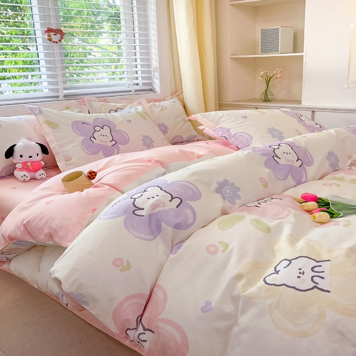 91家纺网 家纺一手货源 找家纺 2024新款全棉小清新印花单品套件--四件套 兔朵朵