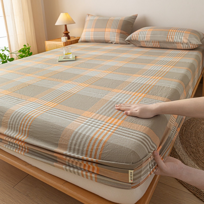 91家纺网 家纺一手货源 找家纺 卡伦家纺 2025全棉色织水洗棉单层床笠席梦思保护套 错格咖