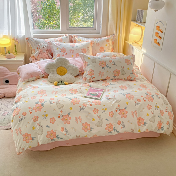 91家纺网 家纺一手货源 找家纺 2024新款全棉小清新印花单品套件--四件套 兔语馨