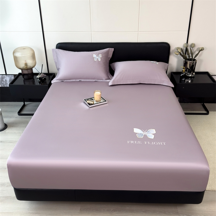 91家纺网 家纺一手货源 找家纺 鑫钰 2024秋冬新款全棉刺绣单层床笠单件枕套三件套-蝶舞 蝶舞-紫灰