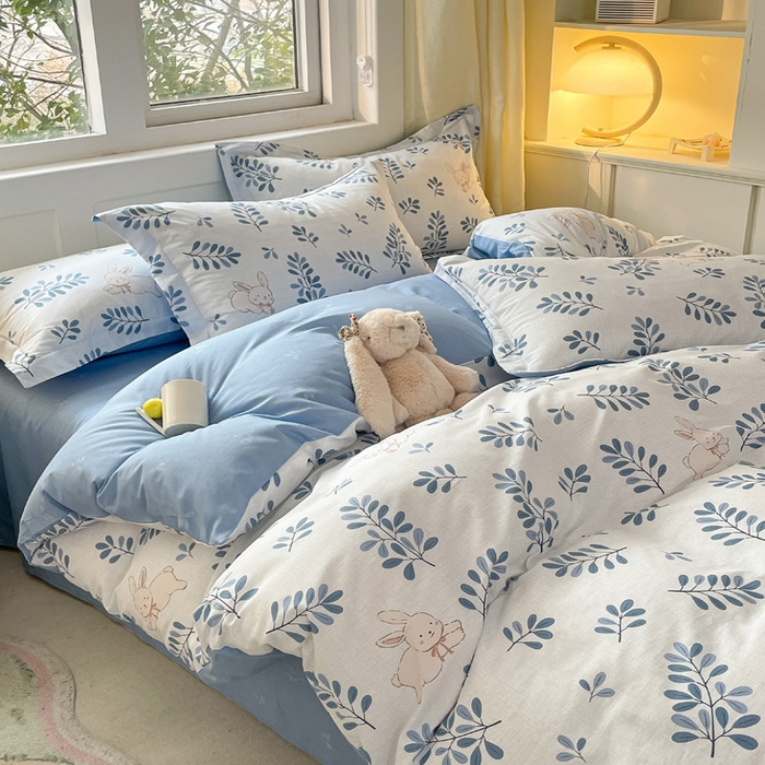 91家纺网 家纺一手货源 找家纺 2024新款全棉小清新印花单品套件--四件套 兔语丛林