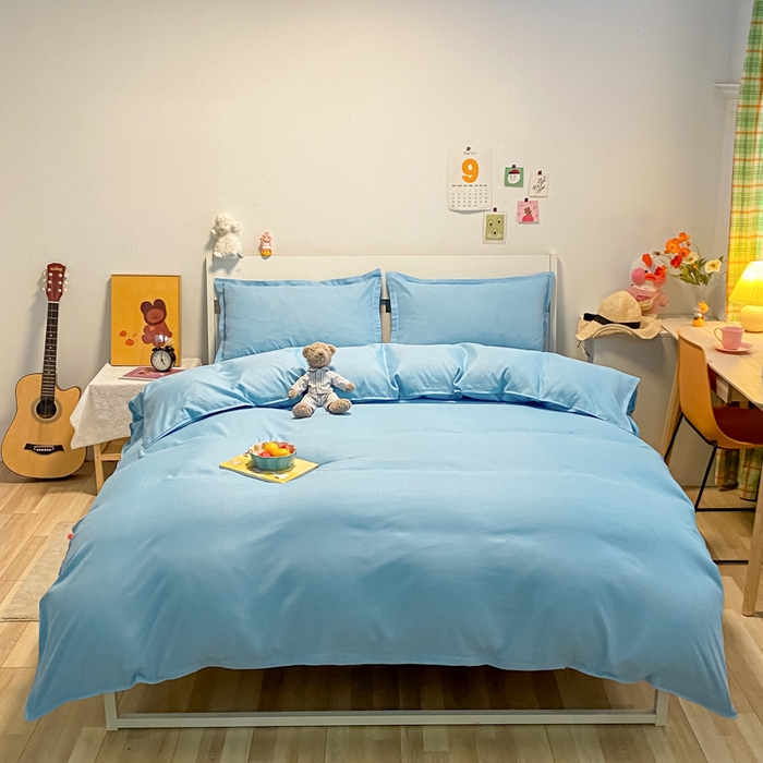 91家纺网 家纺一手货源 找家纺 悦织湾家纺 2025新款纯色床单款芦荟棉四件套 艾加蓝