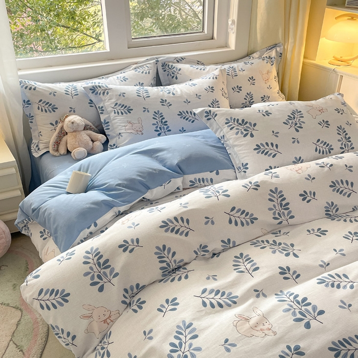 91家纺网 家纺一手货源 找家纺 2024新款全棉小清新印花单品套件--四件套 兔语丛林