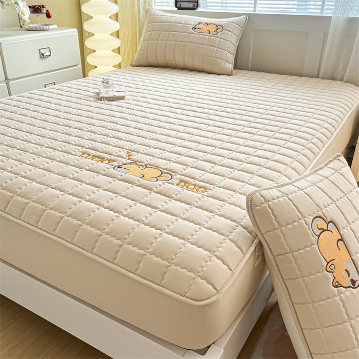 91家纺网 家纺一手货源 找家纺 鑫钰 2024新夹款刺绣大豆纤维床笠-幸运狗系列 幸运狗-香槟驼