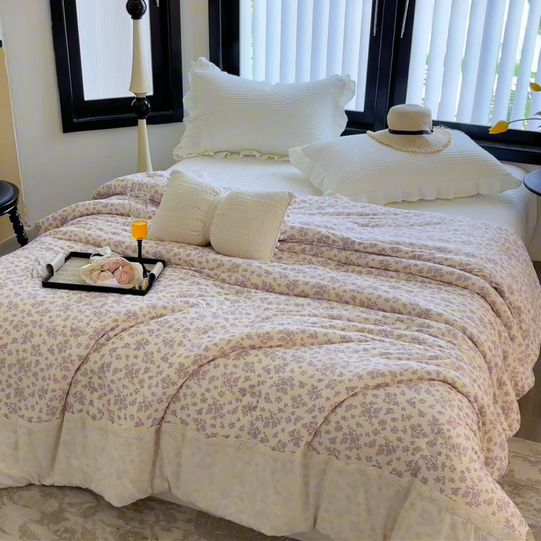 91家纺网 家纺一手货源 找家纺 莱豫家纺 2024新款法式复古针织花边夏被春秋被 雅香