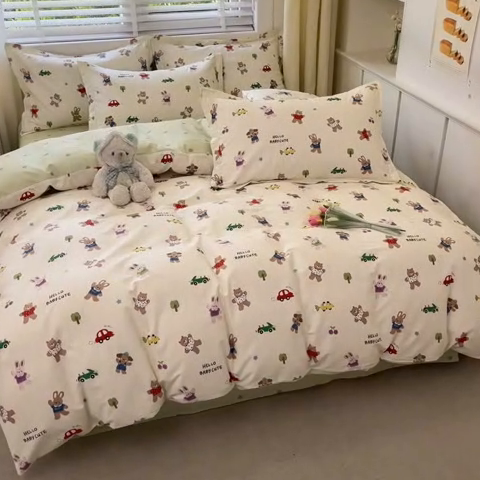 91家纺网 家纺一手货源 找家纺 2024新款全棉小清新印花单品套件--四件套 森岛精灵