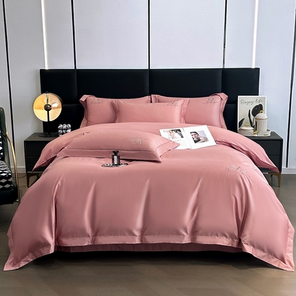 91家纺网 家纺一手货源 找家纺 琉宿家纺 2025新款50s双股长绒棉绣花四件套 倾世红颜-豆沙粉