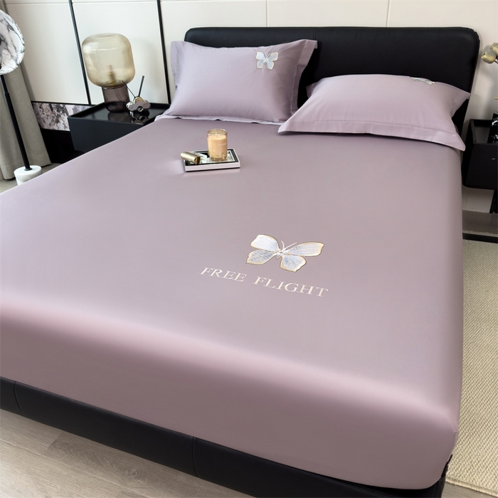 91家纺网 家纺一手货源 找家纺 鑫钰 2024秋冬新款全棉刺绣单层床笠单件枕套三件套-蝶舞 蝶舞-紫灰