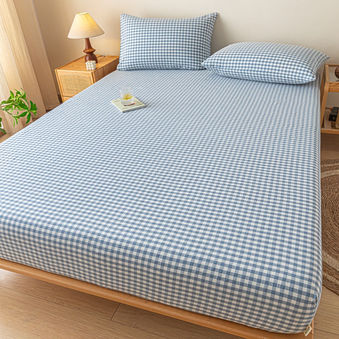 91家纺网 家纺一手货源 找家纺 卡伦家纺 2025全棉色织水洗棉单层床笠席梦思保护套 浅蓝小格