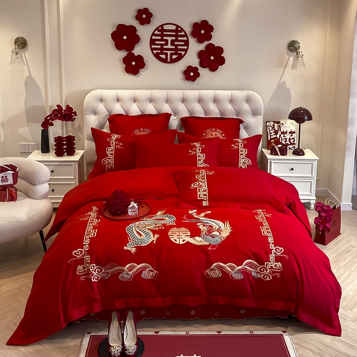 91家纺网 家纺一手货源 找家纺 玉雅家纺 2025新款玉雅时尚磨毛刺绣床单款系列婚庆套件 床单绣花款-龙章凤彩