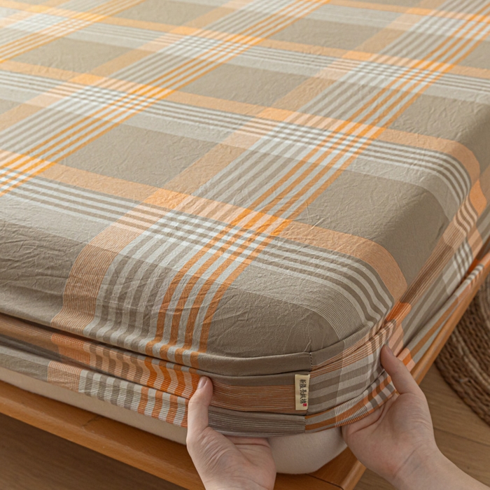 91家纺网 家纺一手货源 找家纺 卡伦家纺 2025全棉色织水洗棉单层床笠席梦思保护套 错格咖