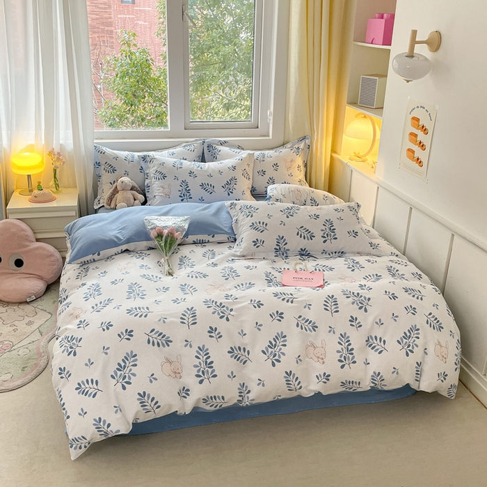 91家纺网 家纺一手货源 找家纺 2024新款全棉小清新印花单品套件--四件套 兔语丛林