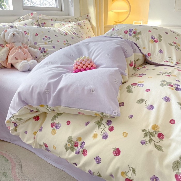 91家纺网 家纺一手货源 找家纺 2024新款全棉小清新印花单品套件--四件套 樱桃可可