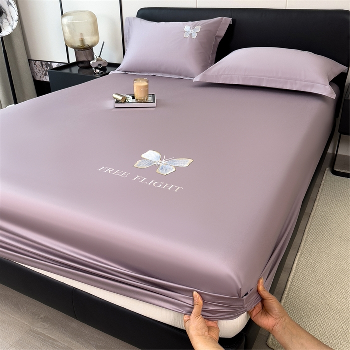 91家纺网 家纺一手货源 找家纺 鑫钰 2024秋冬新款全棉刺绣单层床笠单件枕套三件套-蝶舞 蝶舞-紫灰