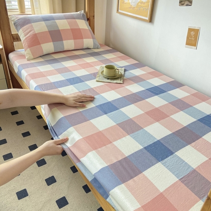 卡伦家纺 2025新款全棉色织水洗棉单层宿舍学生床笠 英伦粉