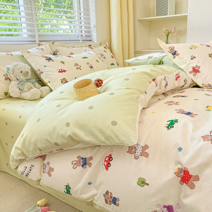 91家纺网 家纺一手货源 找家纺 2024新款全棉小清新印花单品套件--四件套 森岛精灵