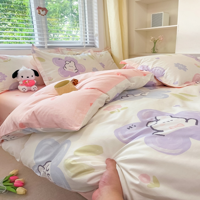 91家纺网 家纺一手货源 找家纺 2024新款全棉小清新印花单品套件--四件套 兔朵朵