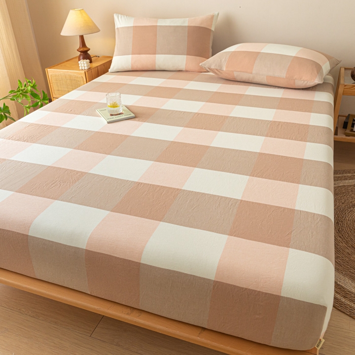 91家纺网 家纺一手货源 找家纺 卡伦家纺 2025全棉色织水洗棉单层床笠席梦思保护套 粉大格