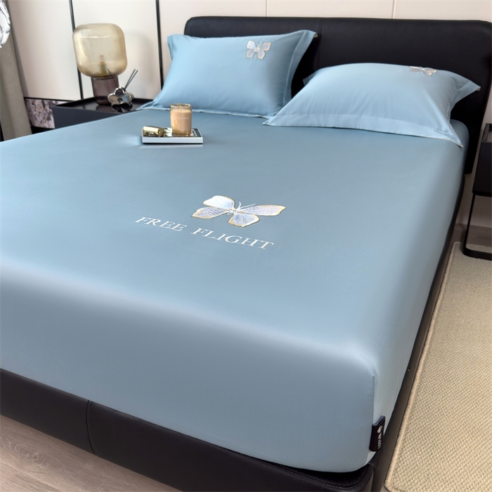 91家纺网 家纺一手货源 找家纺 鑫钰 2024秋冬新款全棉刺绣单层床笠单件枕套三件套-蝶舞 蝶舞-水平蓝