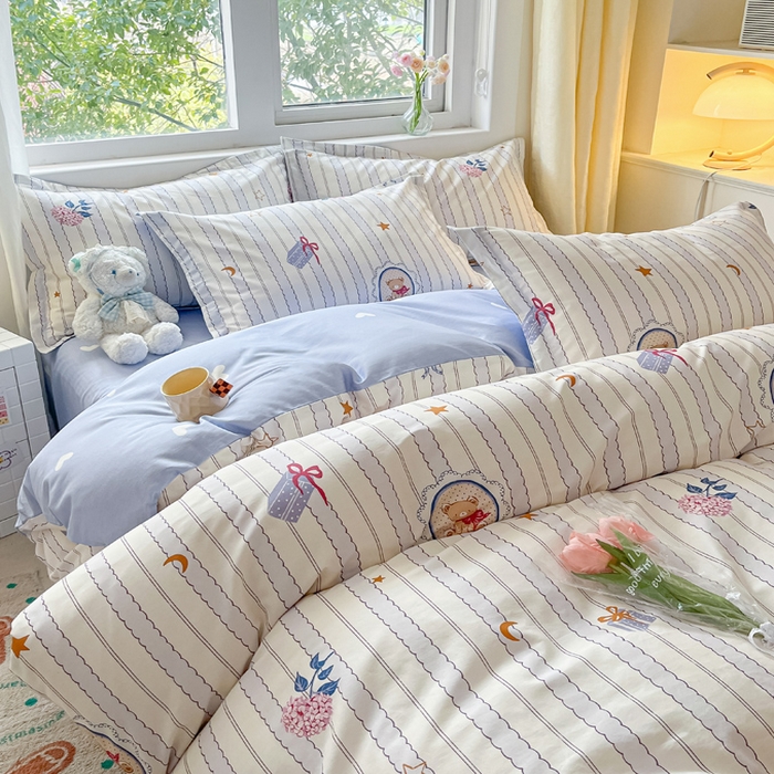 91家纺网 家纺一手货源 找家纺 2024新款全棉小清新印花单品套件--四件套 图蓝朵朵