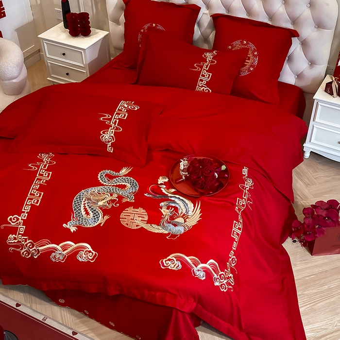 91家纺网 家纺一手货源 找家纺 玉雅家纺 2025新款玉雅时尚磨毛刺绣床单款系列婚庆套件 床单绣花款-龙章凤彩