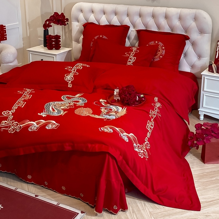 91家纺网 家纺一手货源 找家纺 玉雅家纺 2025新款玉雅时尚磨毛刺绣床单款系列婚庆套件 床单绣花款-龙章凤彩