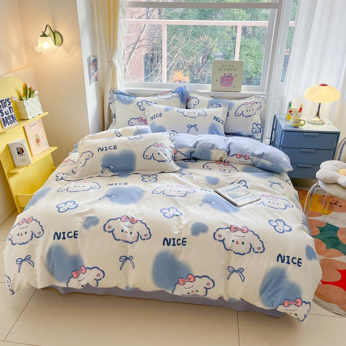 91家纺网 家纺一手货源 找家纺 2024新款全棉小清新印花单品套件--四件套 玉桂兔