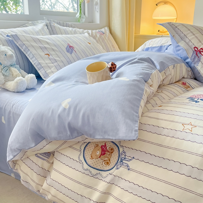 91家纺网 家纺一手货源 找家纺 2024新款全棉小清新印花单品套件--四件套 图蓝朵朵