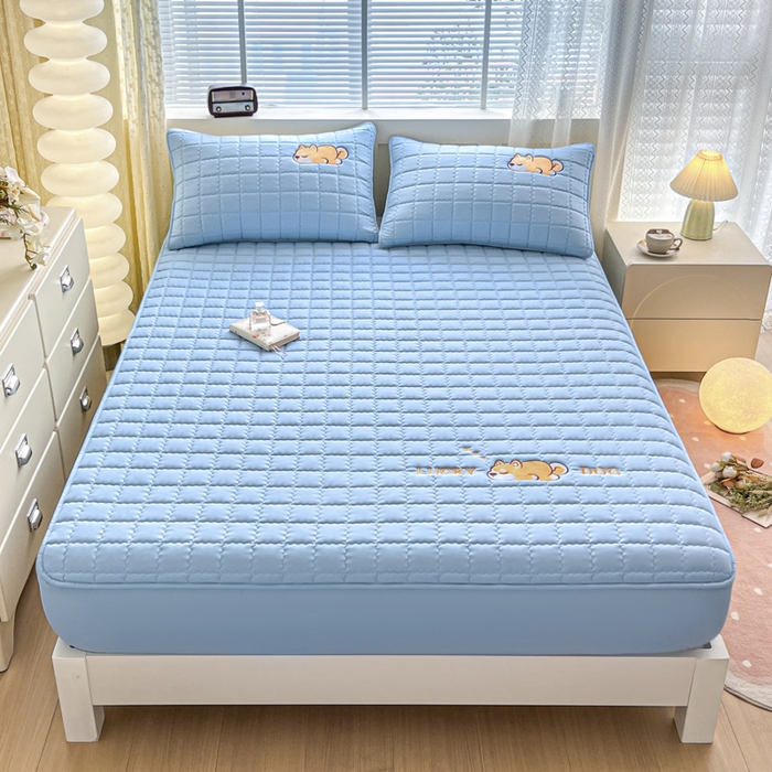 91家纺网 家纺一手货源 找家纺 鑫钰 2024新夹款刺绣大豆纤维床笠-幸运狗系列 幸运狗-湖水蓝