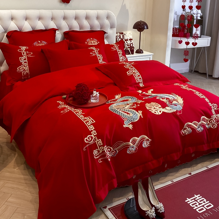 91家纺网 家纺一手货源 找家纺 玉雅家纺 2025新款玉雅时尚磨毛刺绣床单款系列婚庆套件 床单绣花款-龙章凤彩