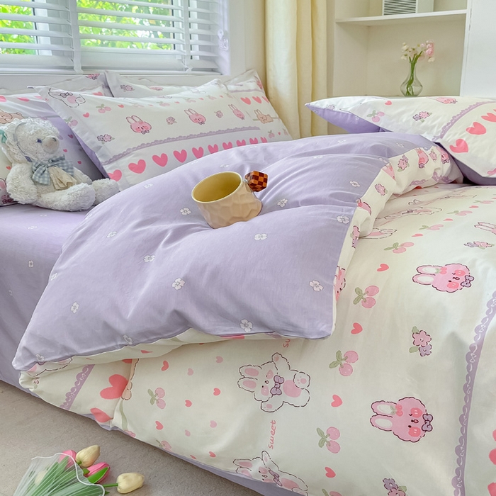 91家纺网 家纺一手货源 找家纺 2024新款全棉小清新印花单品套件--四件套 小兔念念