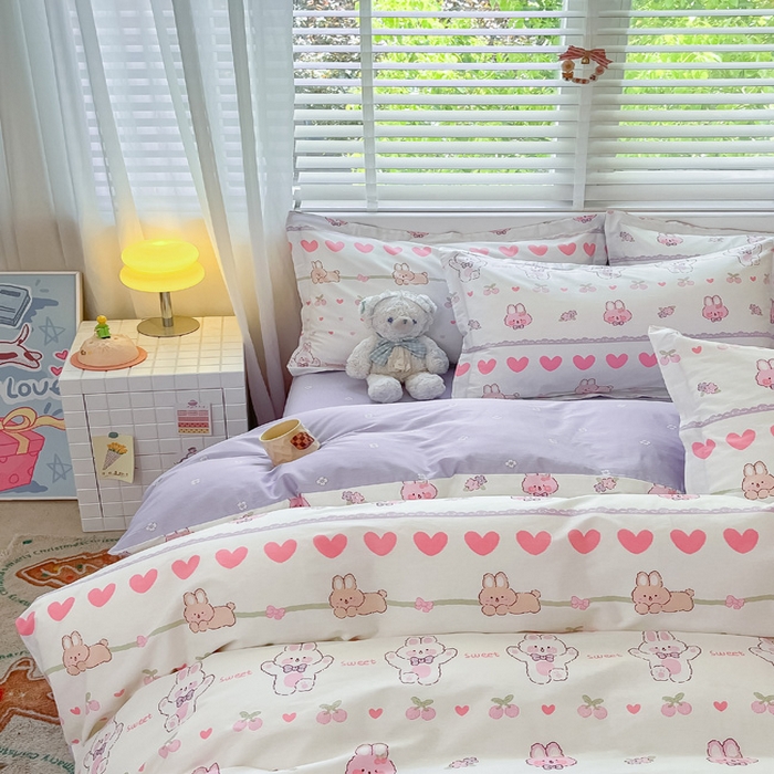 91家纺网 家纺一手货源 找家纺 2024新款全棉小清新印花单品套件--四件套 小兔念念