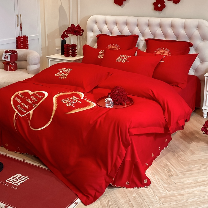 91家纺网 家纺一手货源 找家纺 玉雅家纺 2025新款玉雅时尚磨毛刺绣床单款系列婚庆套件 床单绣花款-怦然心动