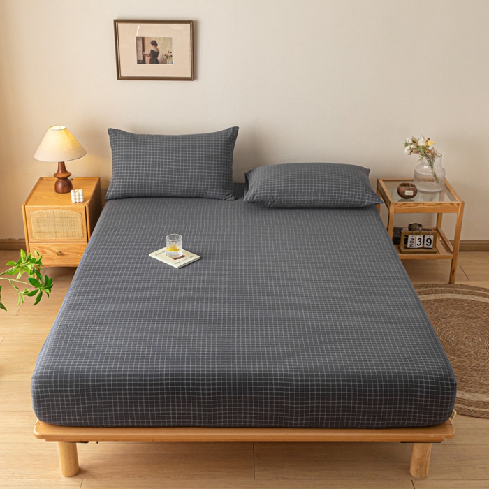 91家纺网 家纺一手货源 找家纺 卡伦家纺 2025全棉色织水洗棉单层床笠席梦思保护套 灰小方格
