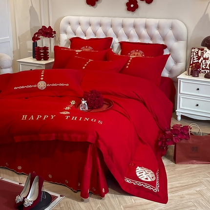 91家纺网 家纺一手货源 找家纺 玉雅家纺 2025新款玉雅时尚磨毛刺绣床单款系列婚庆套件 床单绣花款-喜相随