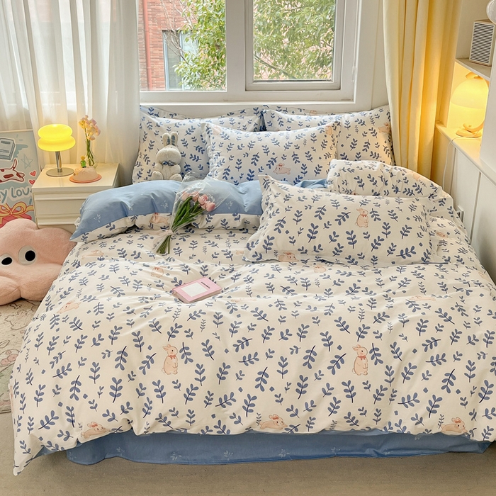 91家纺网 家纺一手货源 找家纺 2024新款全棉小清新印花单品套件--四件套 兔影