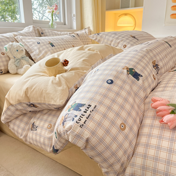 91家纺网 家纺一手货源 找家纺 2024新款全棉小清新印花单品套件--四件套 小熊乐园