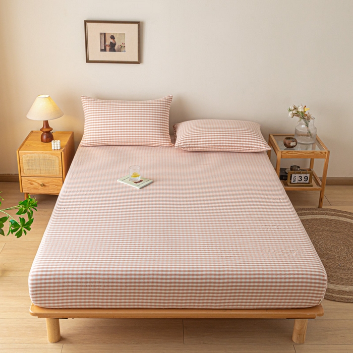 91家纺网 家纺一手货源 找家纺 卡伦家纺 2025全棉色织水洗棉单层床笠席梦思保护套 粉小格