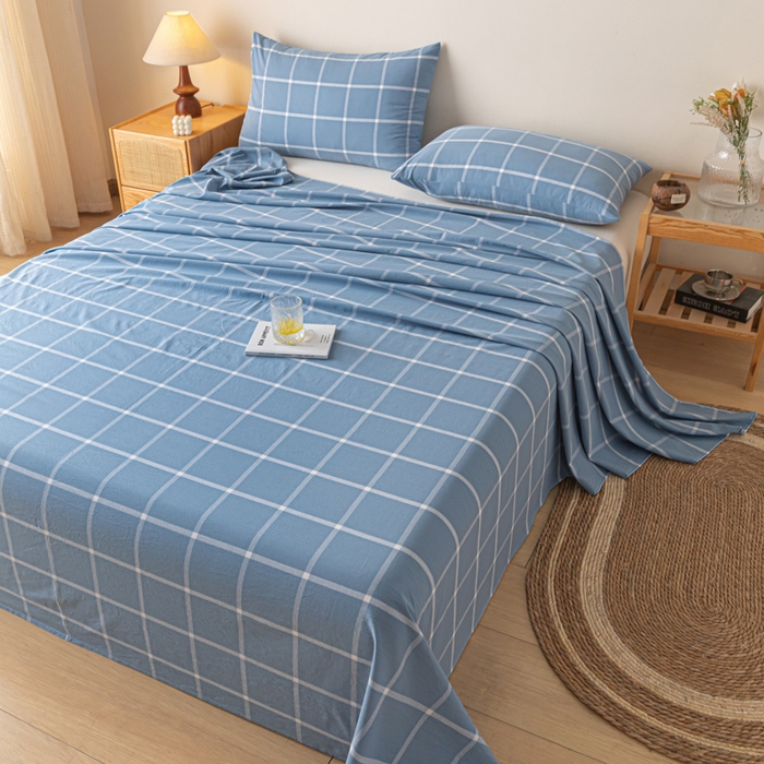 91家纺网 家纺一手货源 找家纺 卡伦家纺 2025新款全棉色织水洗棉床单学生宿舍单人双人床单系列蓝灰中格