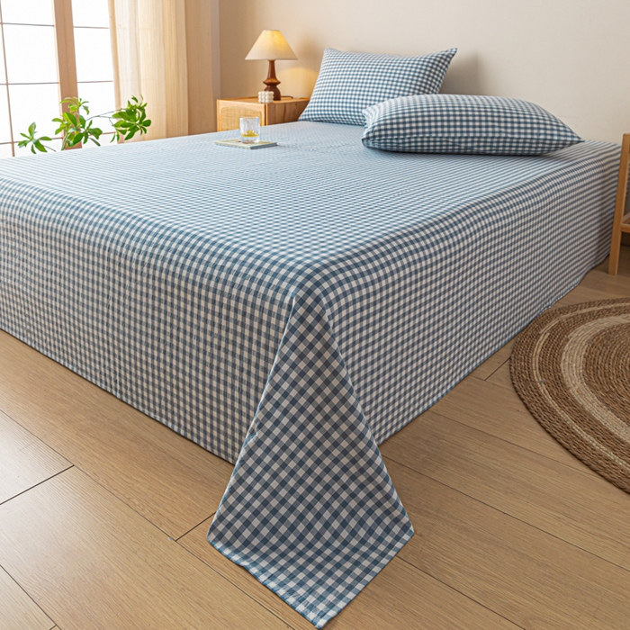 91家纺网 家纺一手货源 找家纺 卡伦家纺 2025新款全棉色织水洗棉床单学生宿舍单人双人床单系列浅蓝小格