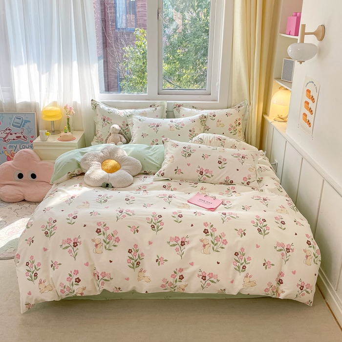 91家纺网 家纺一手货源 找家纺 2024新款全棉小清新印花单品套件--四件套 甜糖奶咖