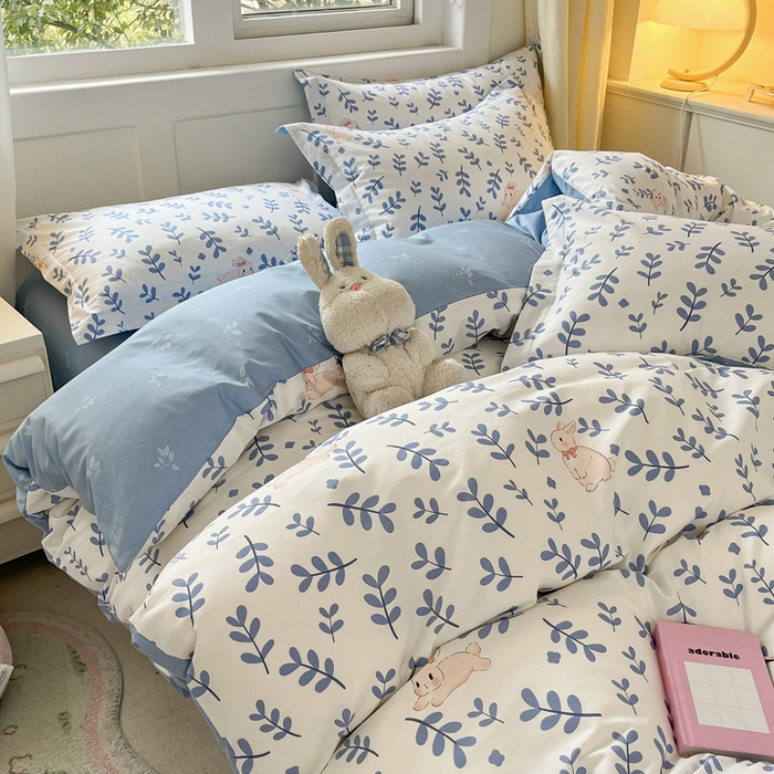 91家纺网 家纺一手货源 找家纺 2024新款全棉小清新印花单品套件--四件套 兔影