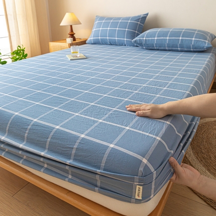 卡伦家纺 2025全棉色织水洗棉单层床笠席梦思保护套 蓝灰中格