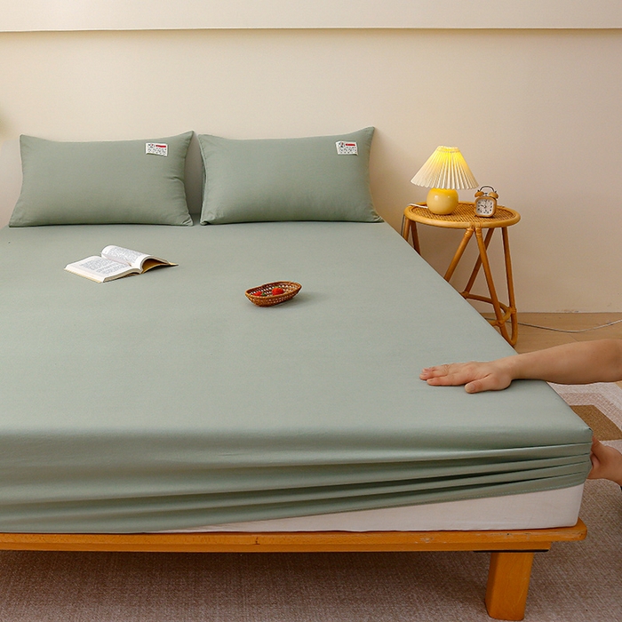 91家纺网 家纺一手货源 找家纺 2024新款A类云朵棉纯色床笠 豆绿