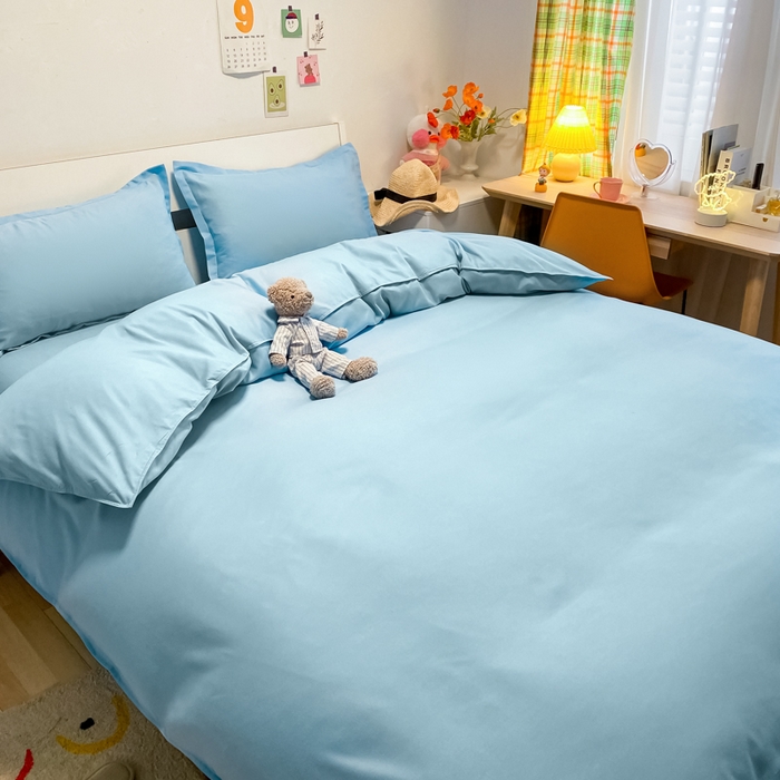 91家纺网 家纺一手货源 找家纺 悦织湾家纺 2025新款纯色床单款芦荟棉四件套 艾加蓝