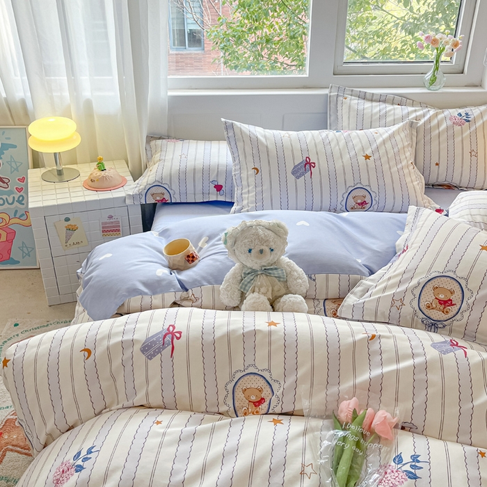 91家纺网 家纺一手货源 找家纺 2024新款全棉小清新印花单品套件--四件套 图蓝朵朵