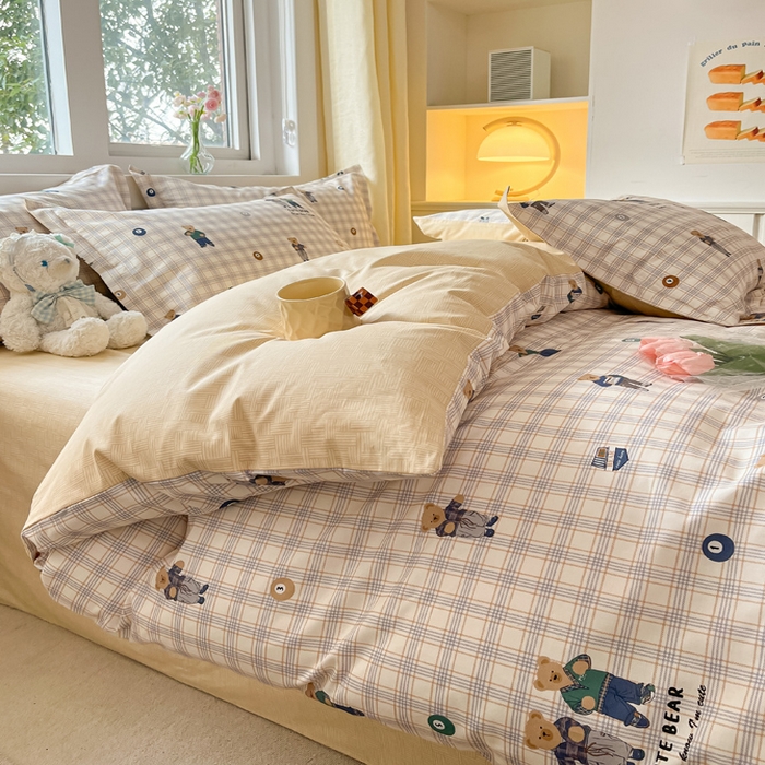 91家纺网 家纺一手货源 找家纺 2024新款全棉小清新印花单品套件--四件套 小熊乐园