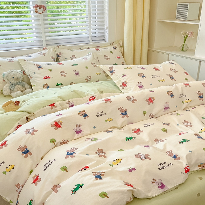 91家纺网 家纺一手货源 找家纺 2024新款全棉小清新印花单品套件--四件套 森岛精灵