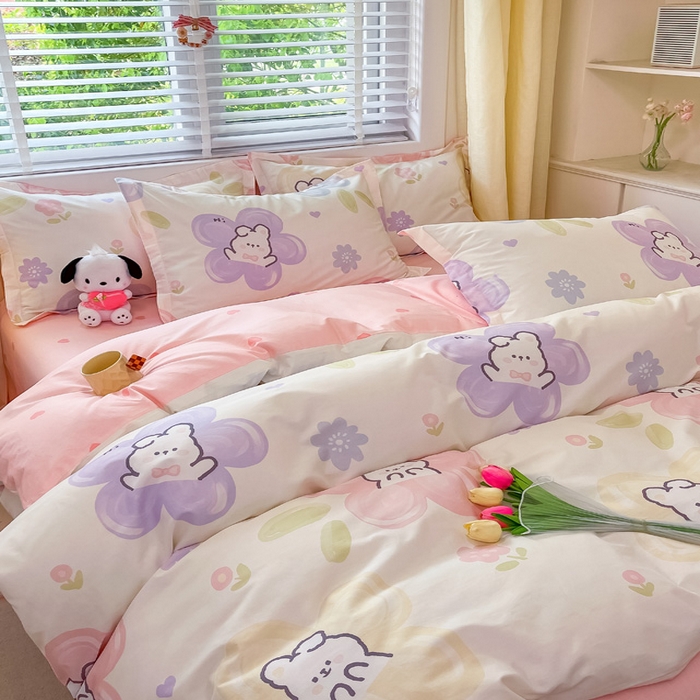 91家纺网 家纺一手货源 找家纺 2024新款全棉小清新印花单品套件--四件套 兔朵朵